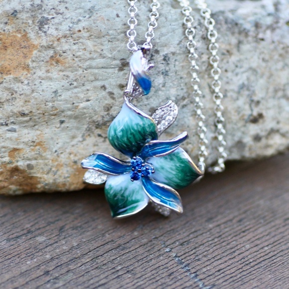 Teal Blue Green Orchid Flower Enamel Pendant Sterling Silver 925 - Picture 3 of 10